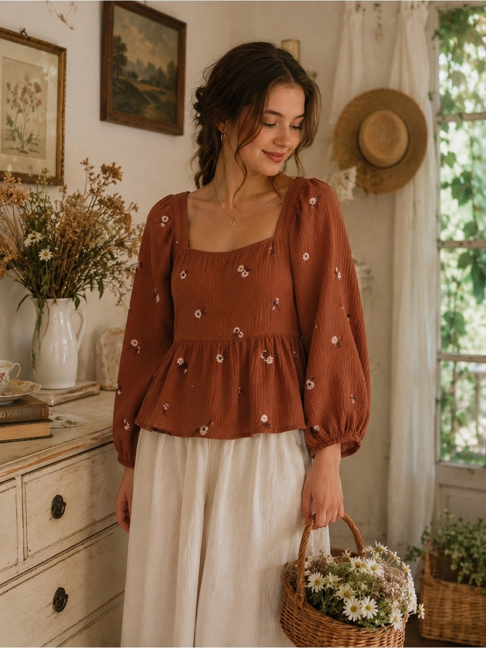 Madewell Square Neck Puff Sleeve Peplum Peasant Top Rust Brown Floral Embroidery